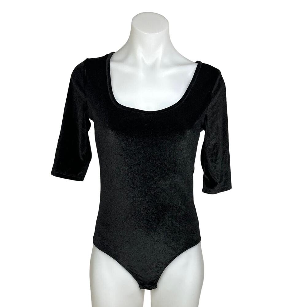 Heart & Hips Womens Black Velvet Velour Square Neck Half Sleeve Bodysuit Top S